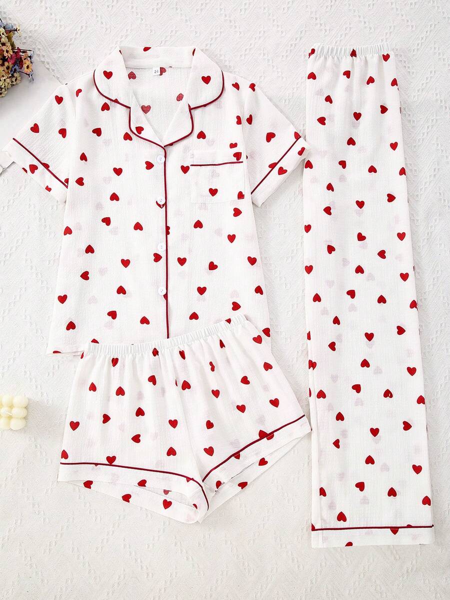 3pcs Women Bubble Crinkle Sleepwear Set, Valentine's Day Red Heart Print Open Front Pajamas - White - View 1