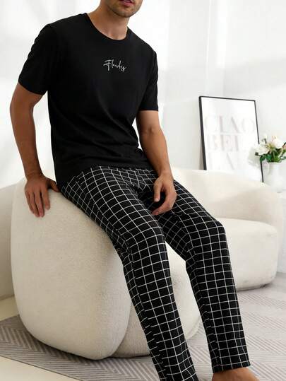 2pcs Men's Casual Letter Print Short Sleeve Top And Plaid Striped Print Pants Pajama Set, Comfortable Home Wear For Spring/Summer