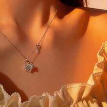 1pc S925 Silver Luxury Heart Lock Design Pendant Necklace With Sparkling Zirconia, Elegant Everyday Wear Jewelry, Quality Gift For Loved One - Silver - View 4