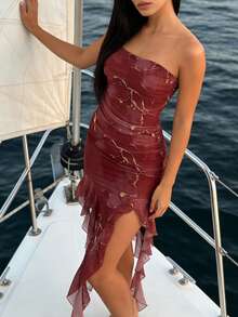 女士荷叶边扎染无肩带连衣裙，优雅 - 紅色 - 查看 2