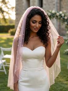 1pc Pink Short Pearl Veil, Single Layer Elbow Length With Metal Comb, Bridal Wedding Veil - Multicolor - View 5