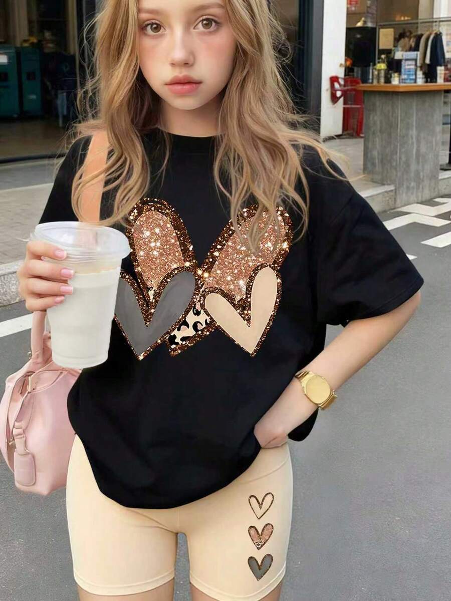 2pcs Girls Loose Fit Short Sleeve Set, Leopard Heart Decor, Elastic Shorts, Fashionable & Fun Spring/Summer Outfit - Black - View 1