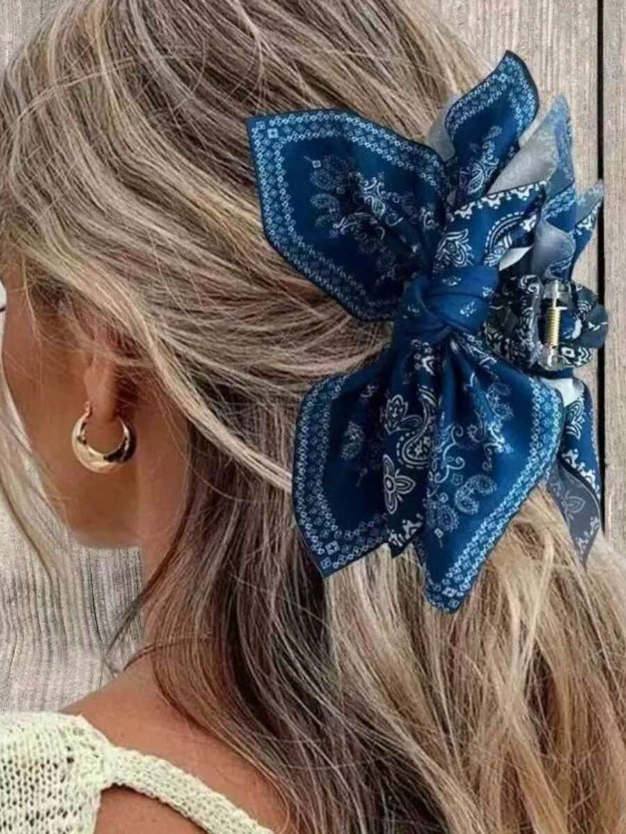 1个波西米亚风腰果花蝴蝶结发夹，适合度假和各种节日拍照，发爪夹，秋冬季女士发饰。 - 深藍色腰果花 - 查看 1