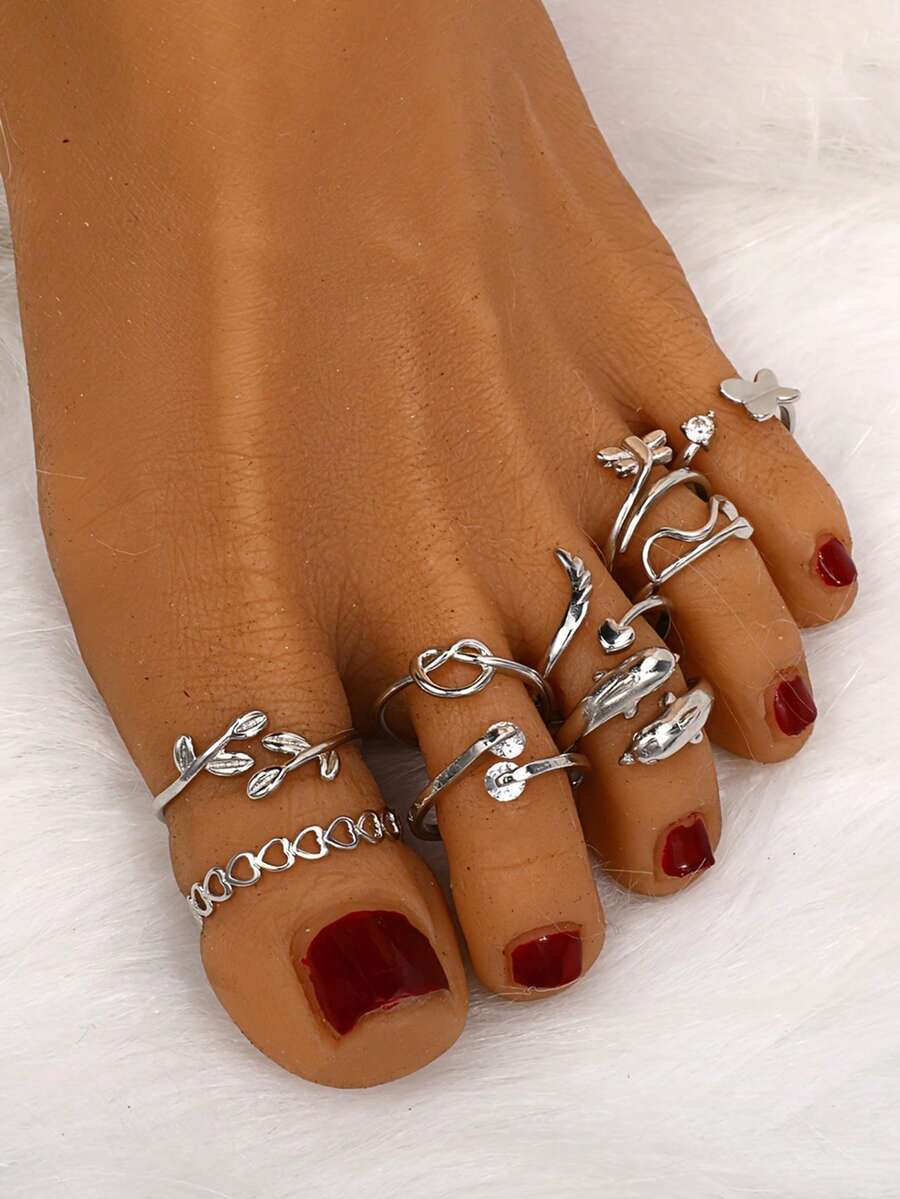 Bộ 9 chiếc vòng đeo chân điều chỉnh được hình rắn, bướm, chuồn chuồn, cá heo, trái tim, lá cây, v.v. dành cho nữ và bé gái. - Bạc - Xem 1