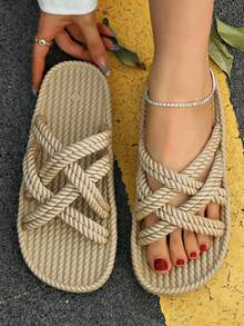 Women's Solid Color Woven Rope Thick Sole Sandals, Criss-Cross Toe Design, Versatile For Daily Commute, Vacation, Beach, Comfortable - Camel - View 1