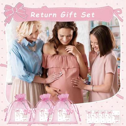 Pink Baby Shower Party Favor Set - Includes Pink Bow Keychain, Organza Bag, And Thank You Card, Suitable As Guest Favors For Baby Shower, Gender Reveal, Christening, And Newborn Welcome Parties