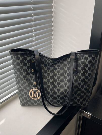 Women's Tote Bag With Letter Charm & Printed Design, Casual Versatile Shoulder Bag