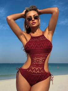 2025新款夏季蕾丝连体泳衣，波西米亚风收腰性感显瘦度假装，女士泳装，海滩度假必备 - 酒紅色 - 查看 1