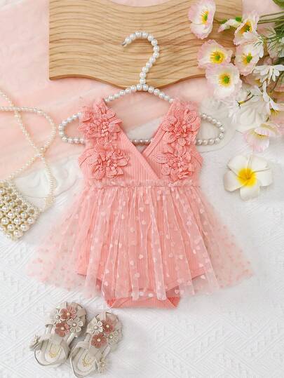 Bộ áo liền quần lưới nhẹ, bồng bềnh, cổ chữ V, màu hồng họa tiết hoa 3D cho bé gái, kiểu công chúa ngọt ngào, thích hợp cho mùa hè.