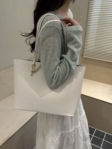 经典纯色大号手提包 - 休闲工作单肩包 - 白色 - 查看 3