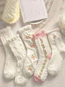 5/3/1 Pairs Randomly Shipped Women's Floral Ruffle Fashion Mid-Calf Socks, Suitable For Daily Wear - Multicolor - View 1