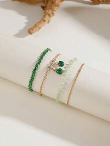 Set de 3 piezas + Set de 4 piezas Tobilleras de metal con strass en estilo minimalista y con diseño de cereza trenzada, regalo práctico para que las mujeres las usen a diario - Multicolor - Ver 6