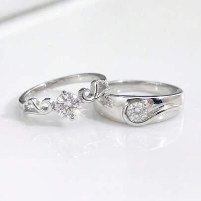 2pcs/Set 1 Carat 4-Prong Colorless Moissanite Diamond Princess Cut Adjustable Couple Rings, Women's Engagement Ring, S925 Sterling Silver Simple Romantic Couple Rings, Eternal Rings, Wedding Anniversary Luxury Jewelry Gift