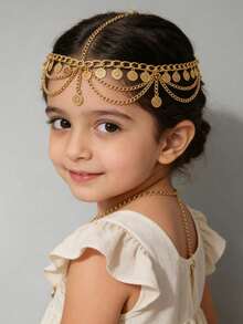 Fashionable Sparkling Diamond Multi-Layer Tassel Chain Round Disc Headband, Bridal Hair Accessories - Multicolor - View 2