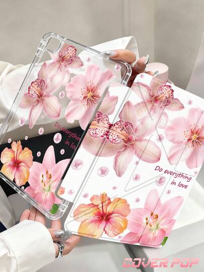 粉色芙蓉花图案保护套，兼容 iPad Air 11 英寸 M3 2025 / M2 2024、Air 第五代 2022、(A16) 11 英寸第十一代 2025，兼容三星 Galaxy Tab、Kindle Paperwhite 第十二代 2024，透明背壳，时尚图案保护套，支持自动睡眠/唤醒功能，气囊保护，适合送礼和办公使用。