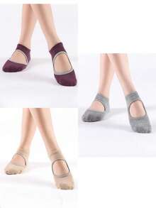 1双/3双装女士瑜伽普拉提舞蹈健身袜，专业运动防滑袜，带硅胶防滑垫，露背瑜伽袜，黑色 - 彩色 - 查看 9