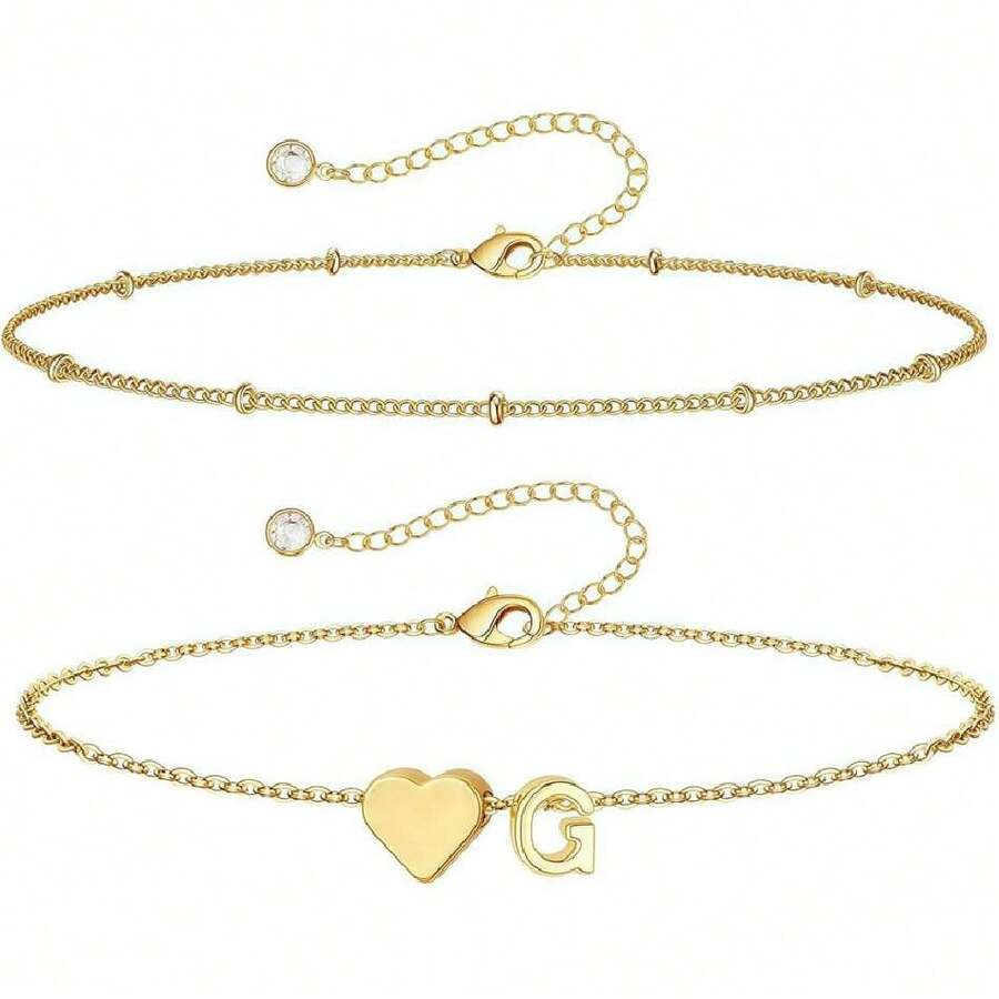 Set Of 1 Gold-Plated Stainless Steel Initial Letter Bracelet With Name Letter, 16 + 5 Cm Ankle, Love Heart Bracelets For Women And Ladies, 43441551 - 金色 - 查看 1