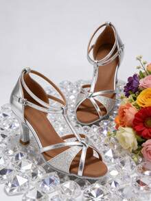 女童拉丁舞鞋高跟鞋交谊舞鞋莎莎舞鞋黑色银点舞蹈凉鞋 - 銀色 - 查看 1