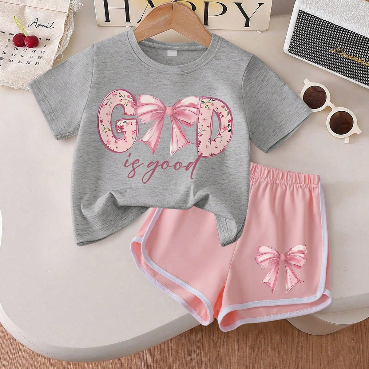 Set de 2 piezas de camiseta de manga corta con estampado de lazo + pantalones cortos para niñas, conjunto informal de verano de tela suave para adole