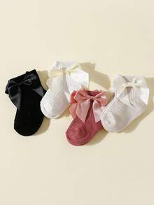 4pairs Girls Bow & Striped Princess Style Solid Color Baby Socks For Daily Wear - Multicolor - View 10