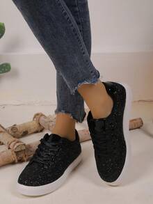 Glitter Fabric Upper Women's Casual Sneakers - Comfortable Shiny Lightweight Shoes, Non-Slip Sole Evening Out Party Dating Everyday Fashion Shoes For Women - 黑色 - 查看 4