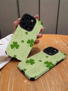 Plant 1pc Minimalist Fresh Green Clover Pattern Vertical Faux Leather Texture Classic Anti-Slip Anti-Drop Soft Protective Phone Case, Suitable As Gift For Friends And Lovers, Compatible With IPhone And 17/17AIR/17PRO/17PROMAX - Multicolor - View 2