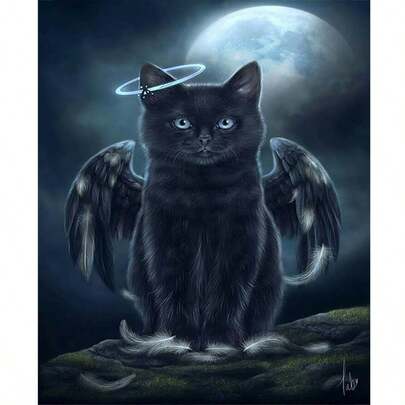 1pc 2D DIY Diamond Painting - Black Angel Cat Under Moonlight, Diamond Art With Halo & Wings, Cat Decor Painting, Perfect For Holiday Gifts