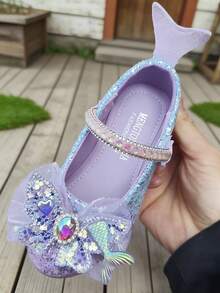 1 Pair Girls' Sequin Mary Jane Dress Shoes, Butterfly Decor Low Heel Single Strap Shoes, Suitable For Party & Performance - Purple - View 2