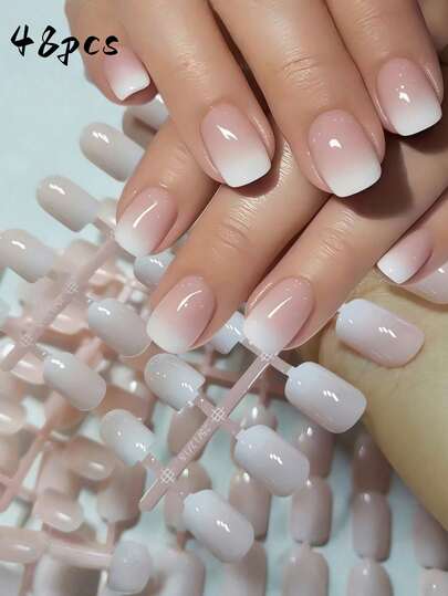 48pcs Ombre Pink & White Press-On Nails | Short Square Full Coverage Glossy False Nails, 12 Sizes, Reusable, Suitable For Daily Wear, Weddings, Dates, Parties