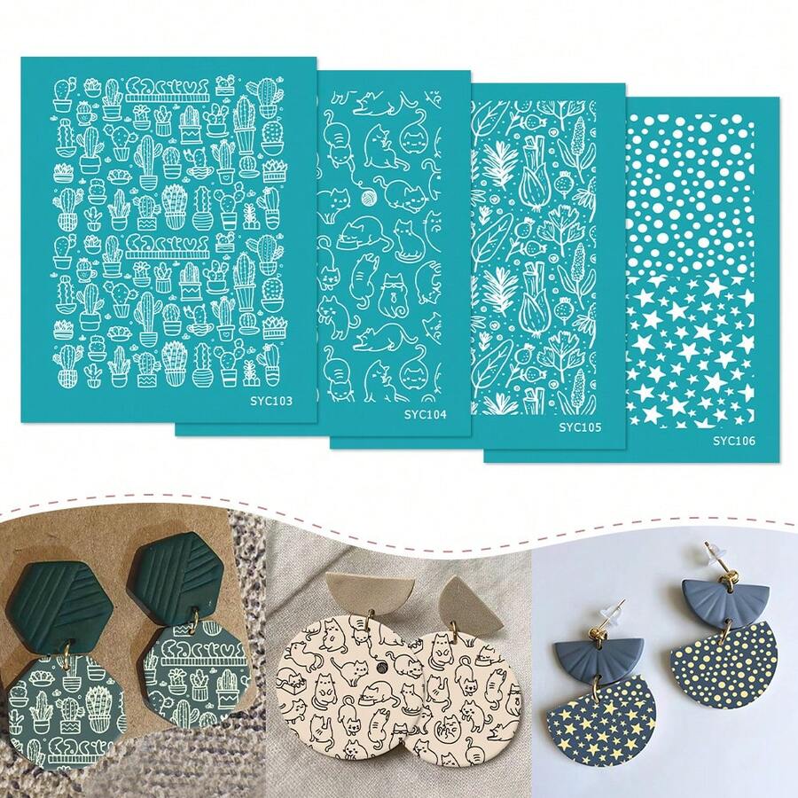 仙人掌/猫/星星图案打印模板，优质纸质材料，适用于软陶DIY、陶瓷、耳环、项链、珠宝制作工具 - 多色 - 查看 1