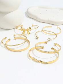 7pcs Ins Style Heart Rhinestone Bracelet Set, Heart Letter Bow Bracelet Set For Women - Gold - View 2