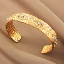 1件装恶魔之眼串珠可调节开口手镯，18K镀金304不锈钢，恶魔之眼吊坠，适合婚礼、派对、万圣节、圣诞节等场合，全年佩戴，二月生辰石，青少年适用 - 金色 - 查看 2