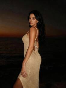 女士休闲可爱性感优雅闪亮侧开衩后背系带透视修身长款针织连衣裙无袖沙滩罩衫，适合度假、夜间外出、约会、乡村音乐节、春夏穿搭 - 金色 - 查看 4