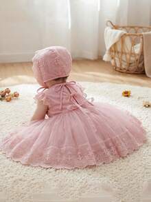 女婴喇叭袖粉色洗礼服，蕾丝刺绣优雅薄纱派对礼服，可爱蝴蝶结公主裙，适合女孩生日派对、婚礼、宴会、舞会、节日庆典等场合。 - 粉色 - 查看 5