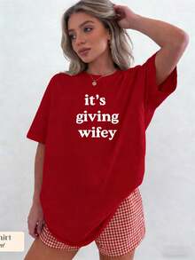 2026 Women' Its Giving Wifey Print T Shirt,Bride To Be Oversized Heavy Cotton Tee,Honeymoon Wedding Daily WearEnd Of - 紅色 - 查看 3