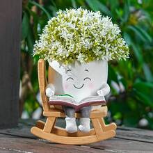 1 Resin Rocking Chair Bookworm Flower Pot - Cute Cartoon Angel Themed Succulent Plant Pot, Indoor/Outdoor Patio, Tabletop Decoration - Unique Gift For Plant Lovers, Patio Decoration, Handmade Gardening Art, Fun Gardening Supplies - Type a + Upgraded Version - View 3
