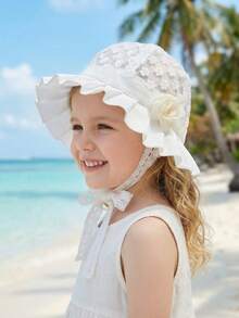 1顶白色蕾丝花童遮阳帽，透气防紫外线公主风刺绣儿童帽 - 1PC - 查看 3