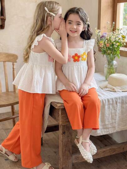 2pcs/Set Girls Casual Solid Color Striped 3D Floral Embroidery Puff Sleeve Crew Neck Pullover Top And Elastic Waist Straight Leg Pants, Suitable For Daily, Home, Outdoor, Sports, Spring/Summer