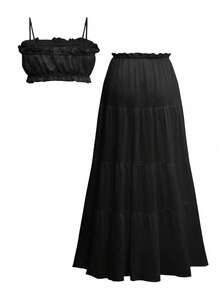 Look-Polly 女士优雅夏季婚礼活动两件套，性感吊带露脐修身上衣，优雅A字裙，适合派对和度假的沙滩连衣裙套装 - 黑色 - 查看 5