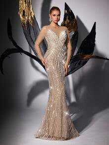 LUVISTRUE Women Gorgeous Crew Neck Long Sleeve Beaded Sequin Formal Evening Gowns Elegant Mermaid Prom Wedding Guest Cocktail Party Gala Graduation Maxi Dress - Champagne - View 6