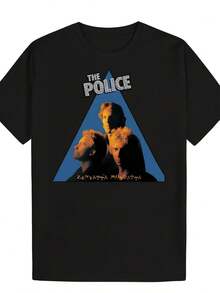 T-shirt graphique vintage pour hommes avec portraits de Stewart Copeland et Andy Summers - T-shirt de musique rétro, logo du groupe The Band et fond bleu triangulaire, t-shirt décontracté à col ras-du-cou respirant pour les concerts et le port décontracté - Noir - Voir 6