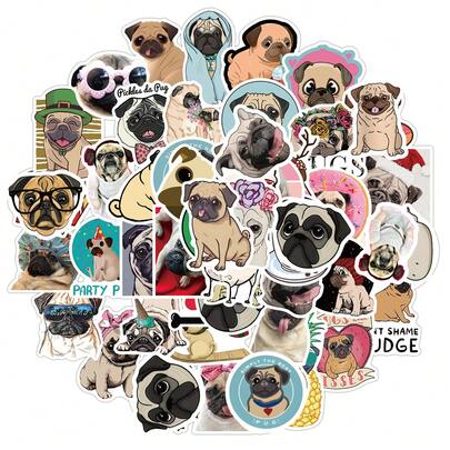 50 pegatinas de perro pug, pegatinas estéticas para laptop, taza de agua, refrigerador, libro, equipaje, casco, monopatín, guitarra