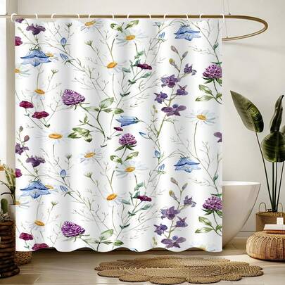 1pc Modern Sweet Plant Floral Shower Curtain, Fashionable Themed Plant Printed Shower Curtain, Suitable For Various Room Doors, Windows, Bathroom Decoration Partitions, Bathroom Access