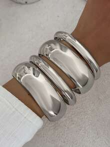 4pcs Vintage Exaggerated Luxury Geometric Metal Bangle Set, Minimalist Fashion Gold & Silver Cuff Bracelets, Suitable For Women's Daily Wear, Gifts, Festivals And Parties - Silver - View 6