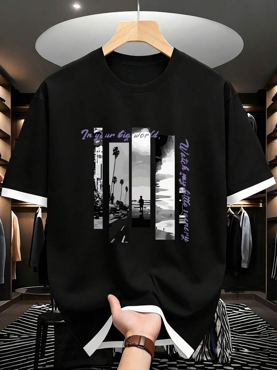 男士时尚百搭风景印花短袖T恤，夏季 - 黑色 - 查看 1