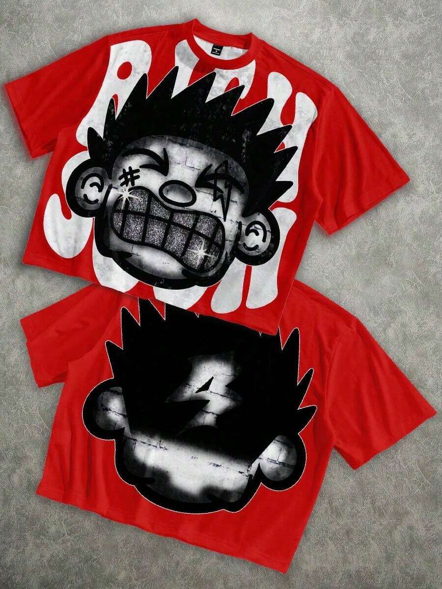 Camiseta suelta y corta de alta calidad con estampado de cara grande y dientes de diamante distorsionados y divertidos de Manfinity Roghcode para hombres - Rojo - Ver 1