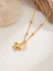 1件不锈钢海洋系列精致珍珠链项链，配海星、贝壳、小鱼吊坠，适合日常和节日佩戴 - 金色 - 查看 13