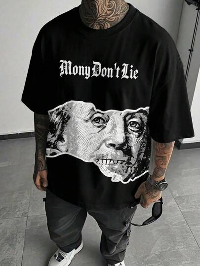 T-shirt à imprimé portrait de dollar gothique rétro pour hommes, décontracté à manches courtes pour l'été