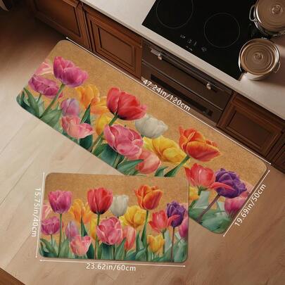 1 pièce Tapis de sol de cuisine imprimé tulipe multicolore frais de printemps/été, tapis d'entrée décoratif rectangulaire à poil bas pour l'atmosphère des fêtes, tapis absorbant doux antidérapant lavable, convient pour le salon, la chambre, la cuisine, l'entrée, la salle de bain