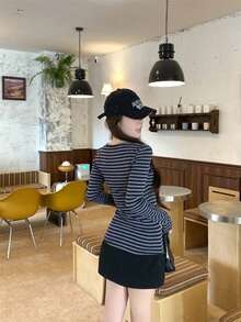 Áo thun dài tay kẻ sọc mới dành cho nữ, kiểu dáng ôm sát, thích hợp mặc mùa xuân. - Sọc xanh xám - Xem 4